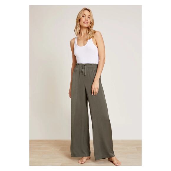 Barefoot Dreams Olive Branch Green Washed Satin Paper Bag Pant Sz.S NWT - Picture 1 of 16